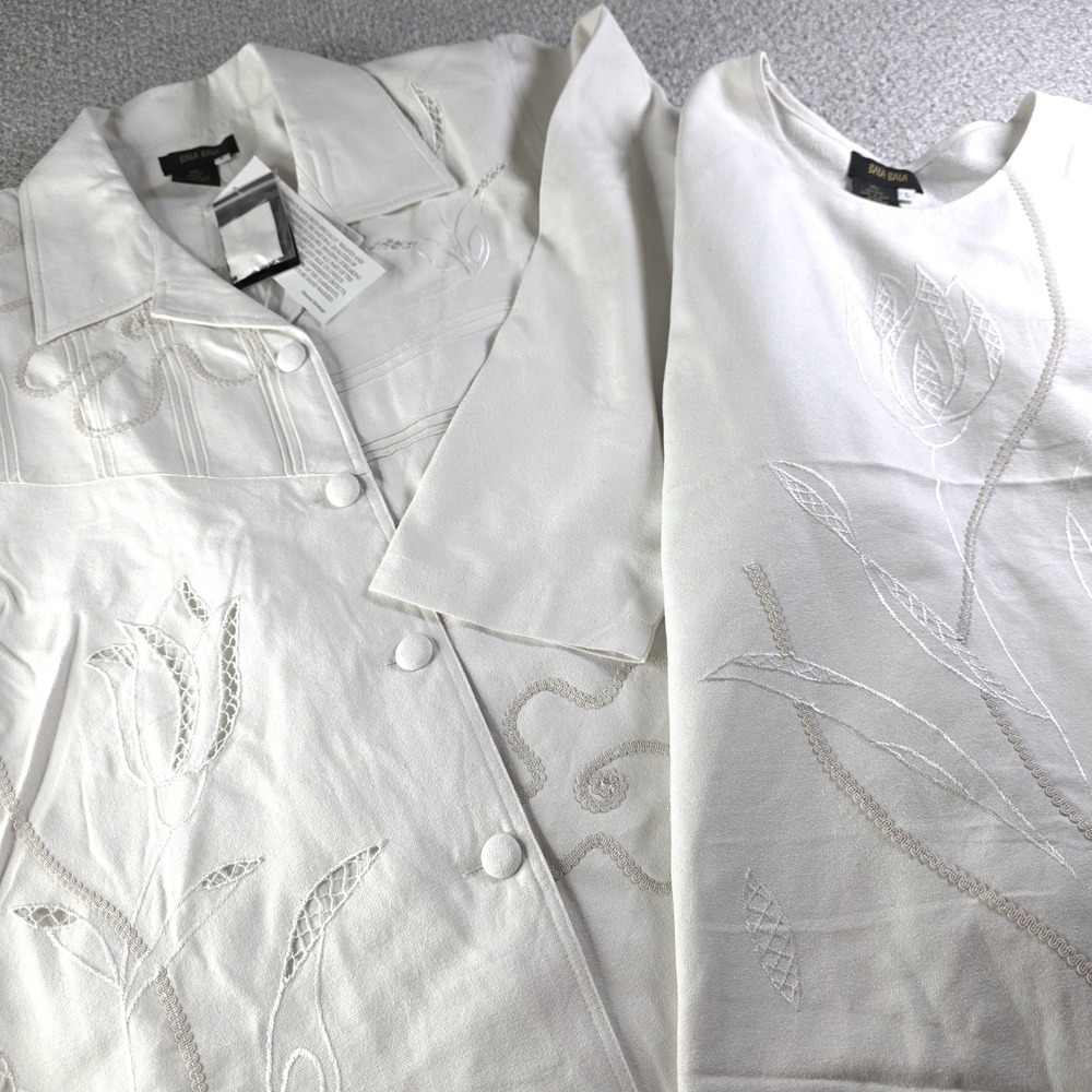 Bala Bala Jacket Shirt Set L Floral Embroidered 100% Silk Classic Cream Vintage